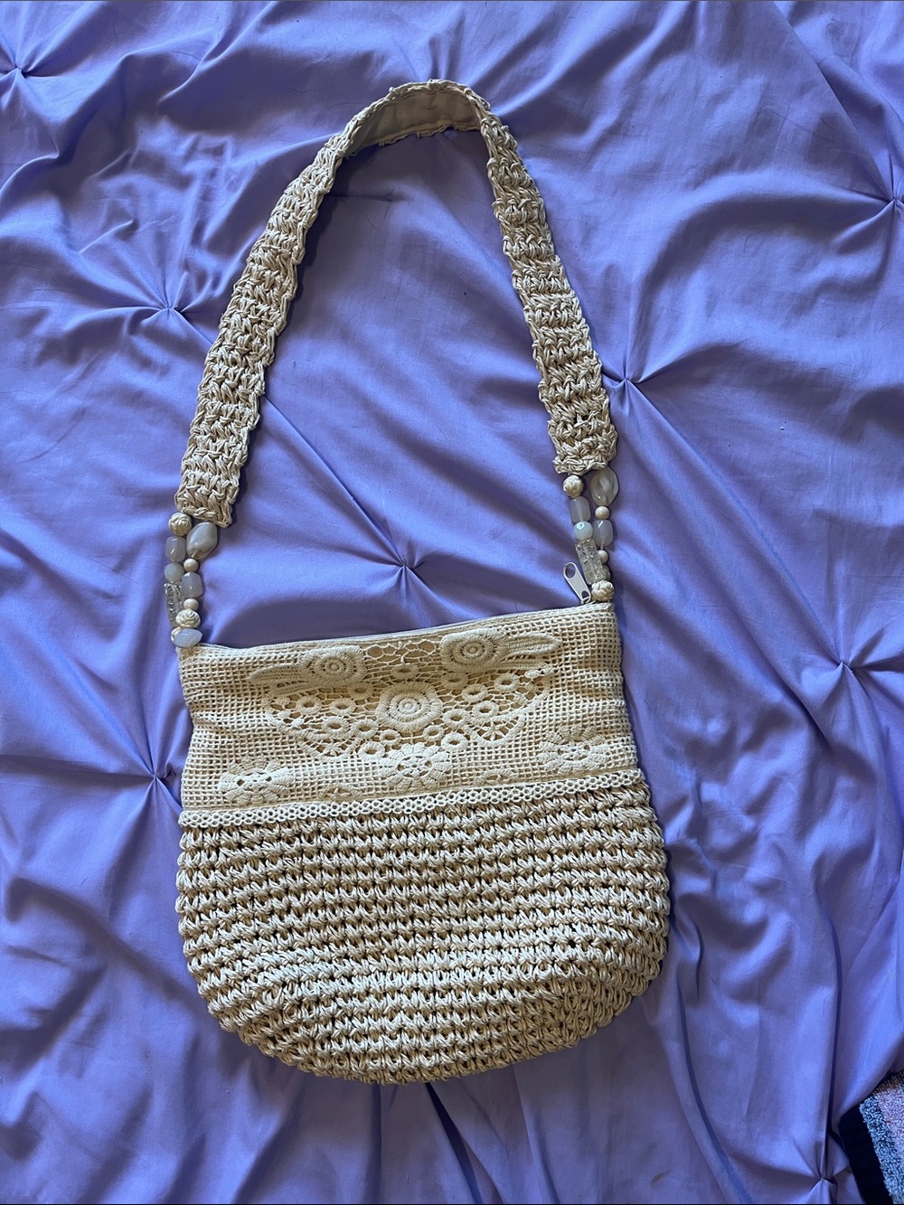 Capelli of New York Cream Crochet Shoulder Bag with Beaded Strap